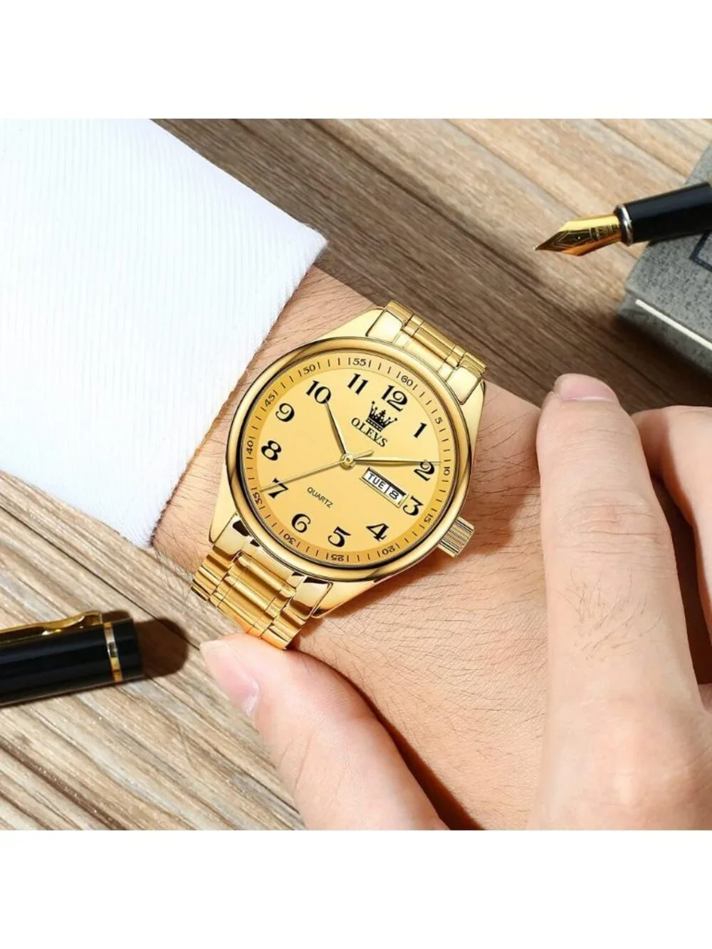 Olevs Men's Gold Luxury Stainless Steel Big Face Analog Quartz Luminous Watch